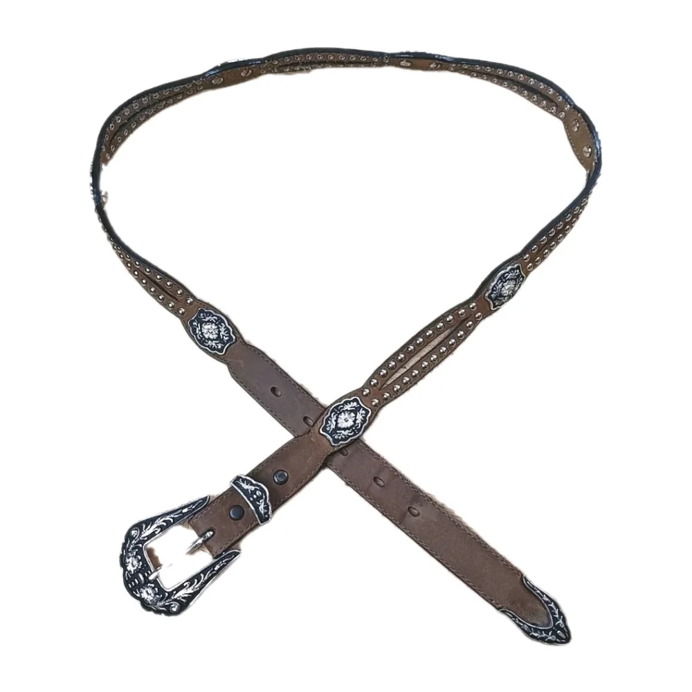 Vtg Nocona 3012044 Western Cut Away Brown Leather Studded Belt Adult Sz 36-40